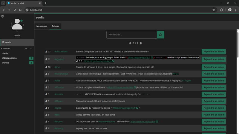 Vue de la liste des salons de zeolia.chat